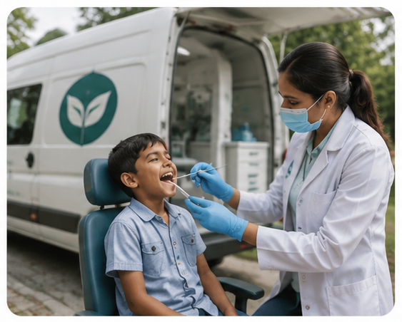 Patient receiving treatment in a mobile dental clinic